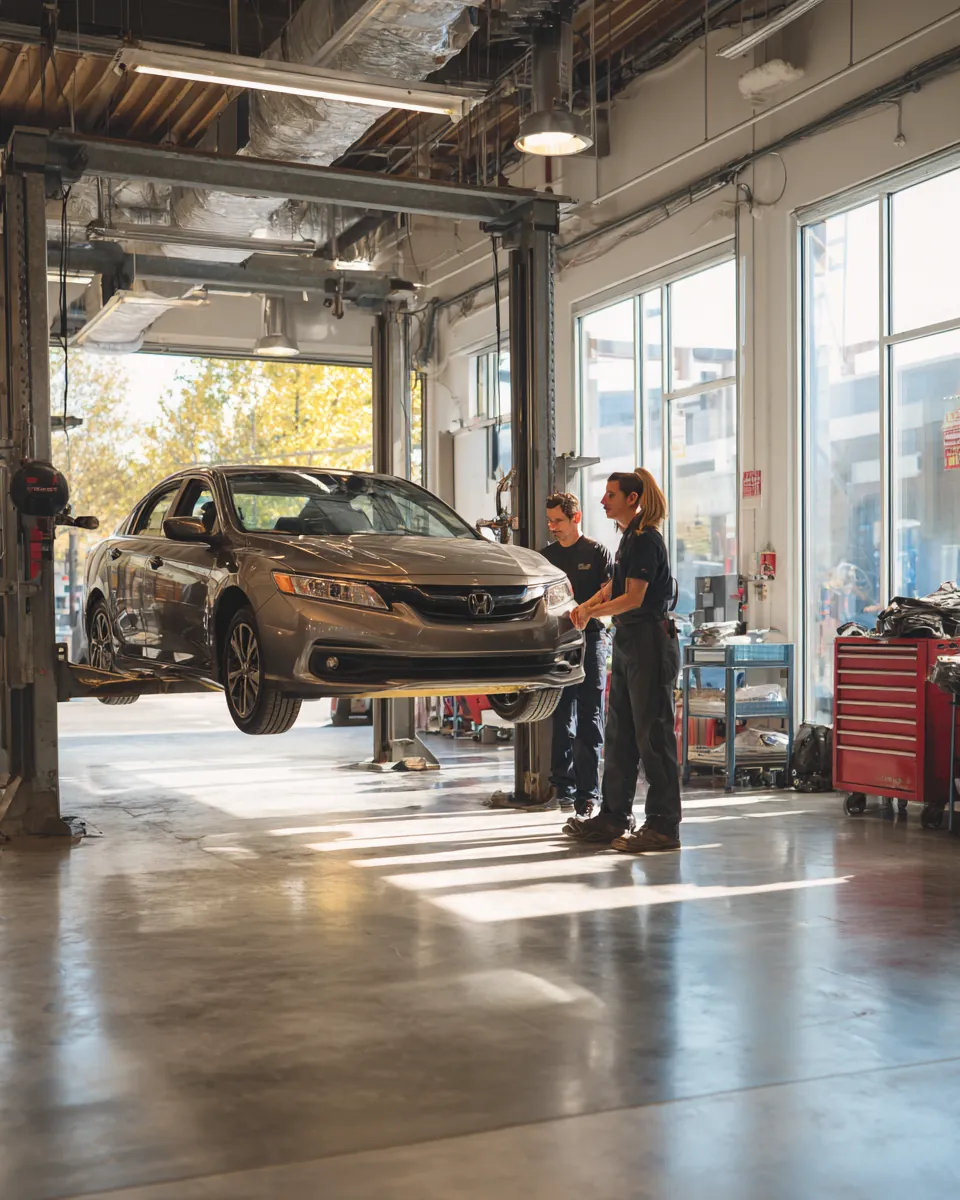 Mechanic lowering a repaired sedan off the lift as the owner watches, a common reason for a $1,000 loan