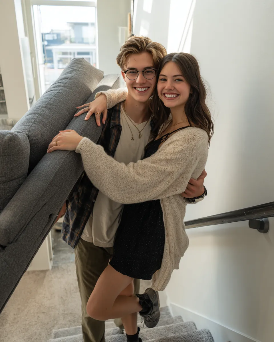 Young couple carrying a gray sofa up the stairs into their new apartment, paid for with a $1,500 loan