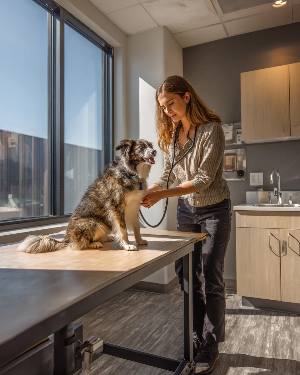 Veterinarian examining a mixed-breed dog as the owner stands beside, a vet bill a $2,500 loan can help cover