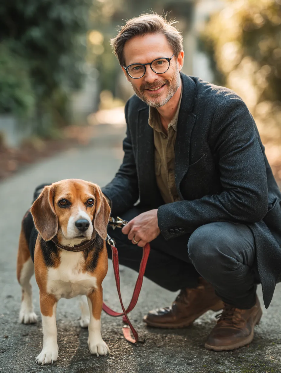 Man in his 30s clipping a red leash onto his beagle in a sunny park