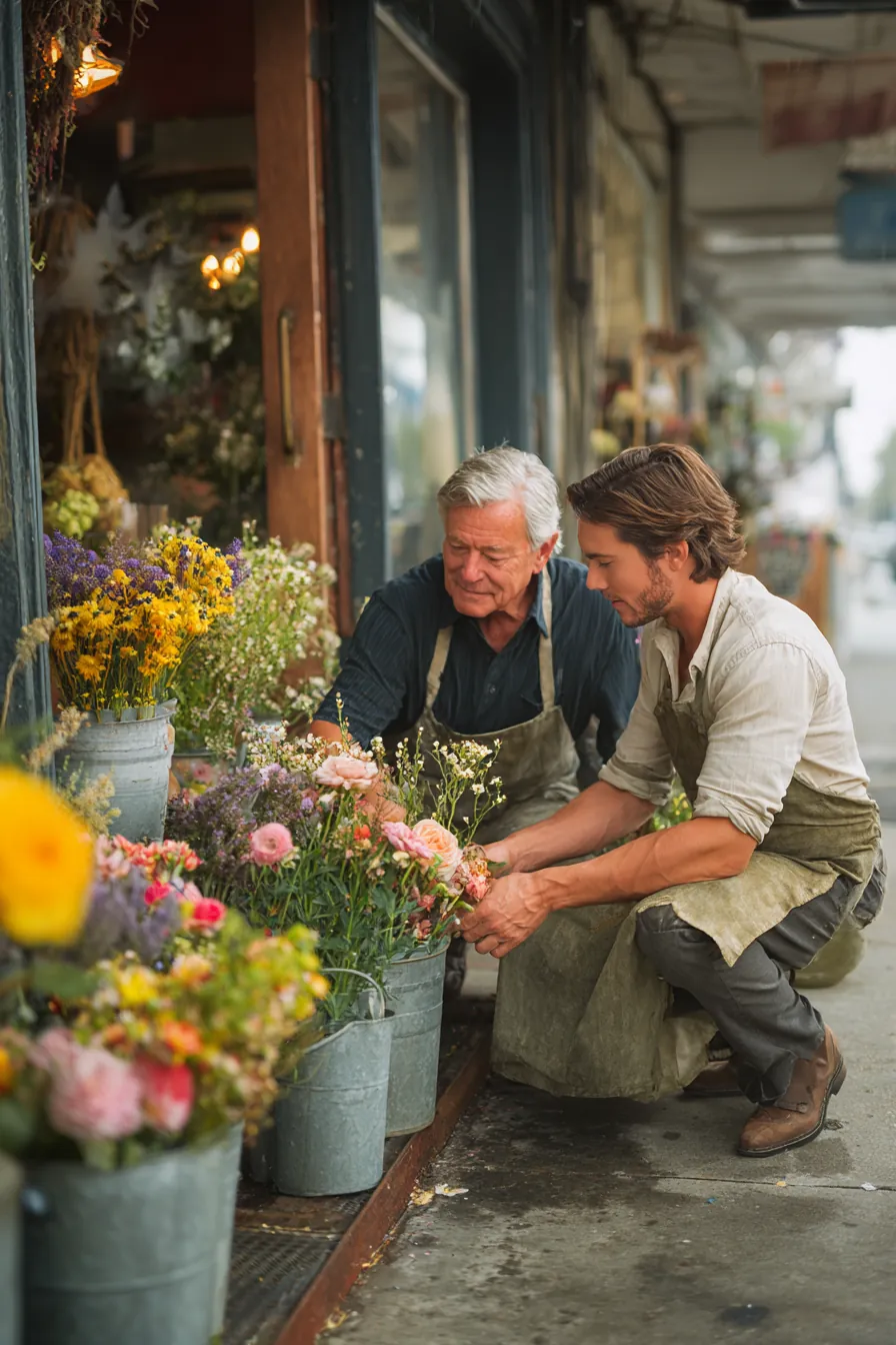 Florist father and his adult son arranging buckets of fresh flowers outside their shop