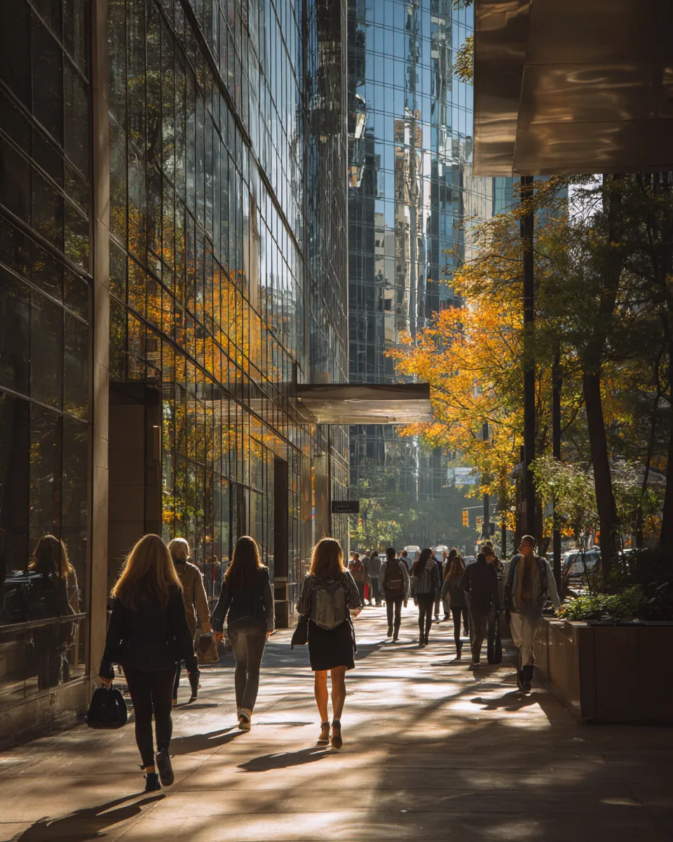 A busy modern downtown sidewalk with commuters