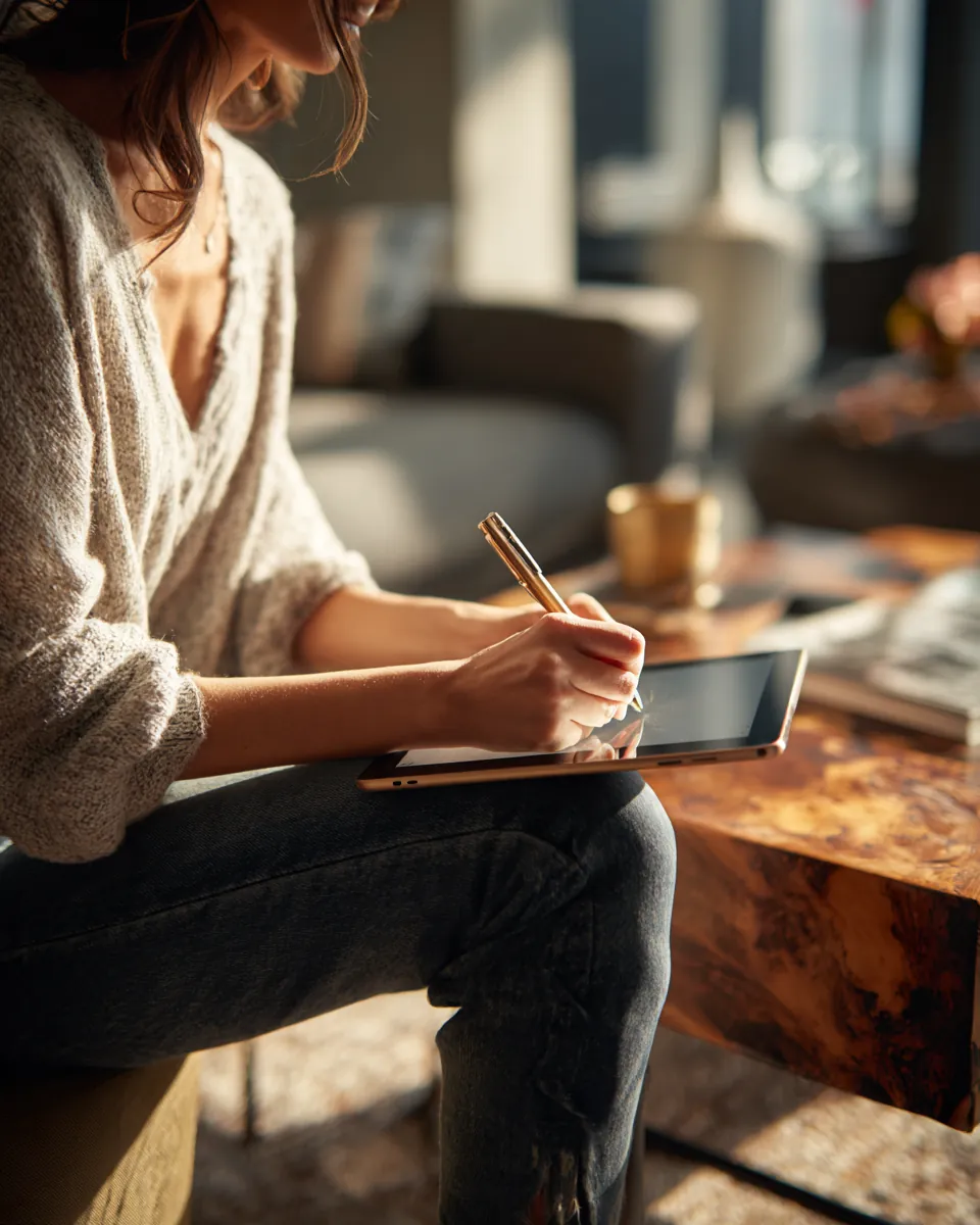 Hand signing a stax payments loan request on a tablet with a stylus at a low oak side table in a living room