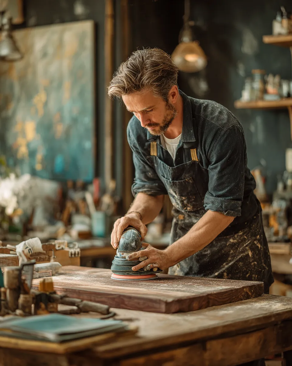 Carpenter in his 30s sanding a walnut table in his garage workshop after comparing stax payments offers for a $2,000 loan