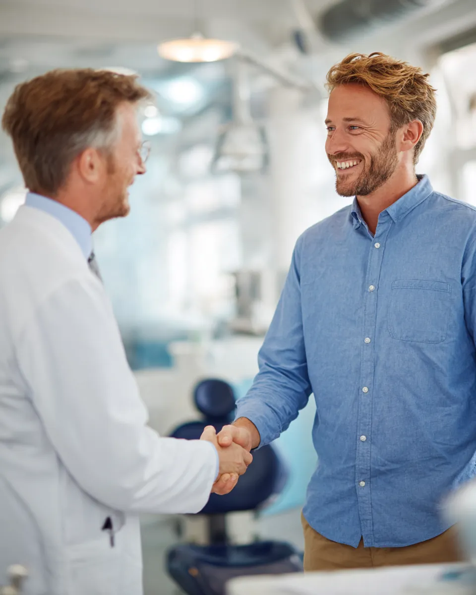 Patient in his 30s shaking hands with his dentist in a bright dental clinic after reviewing stax payments options for medical bills