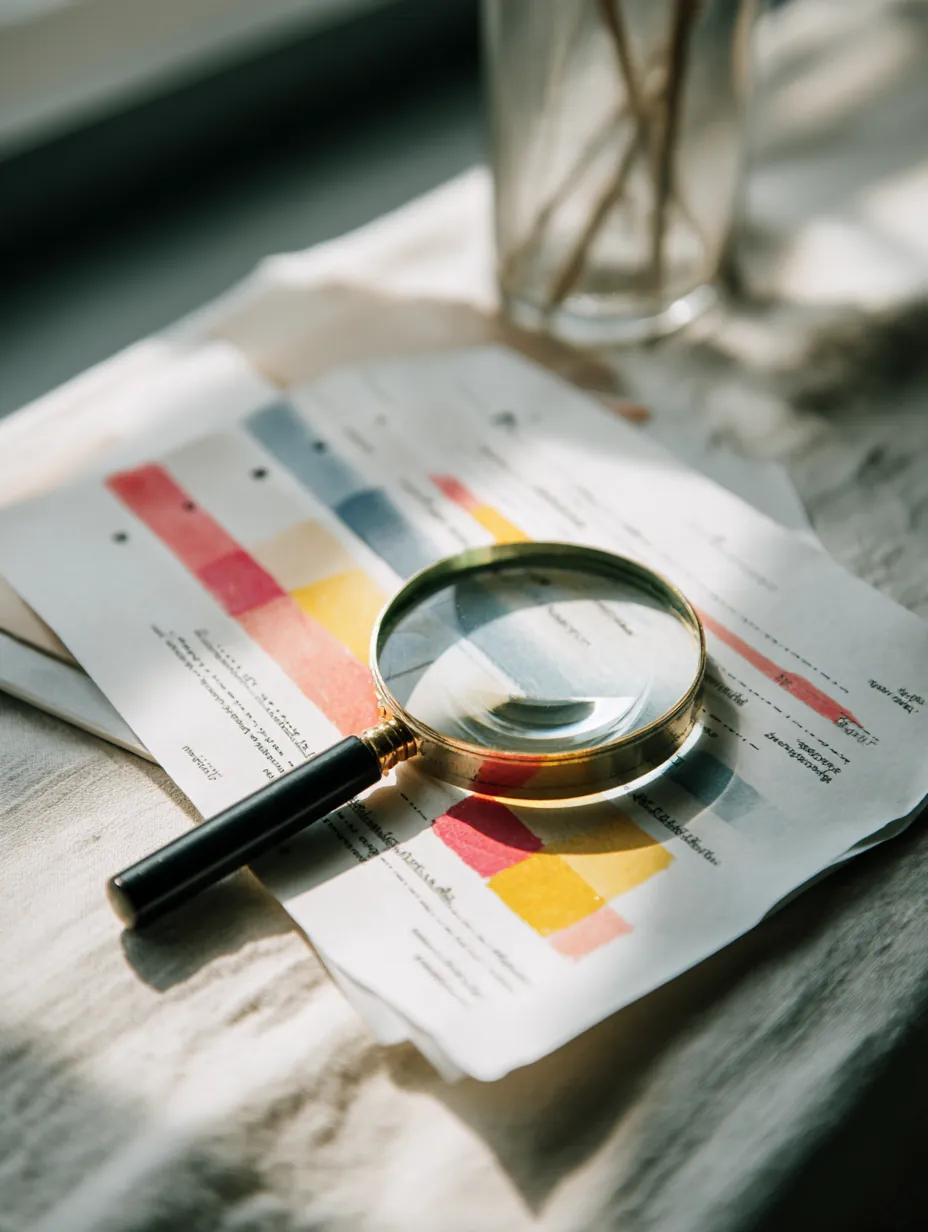Magnifying glass resting over a printed lender comparison chart on a desk