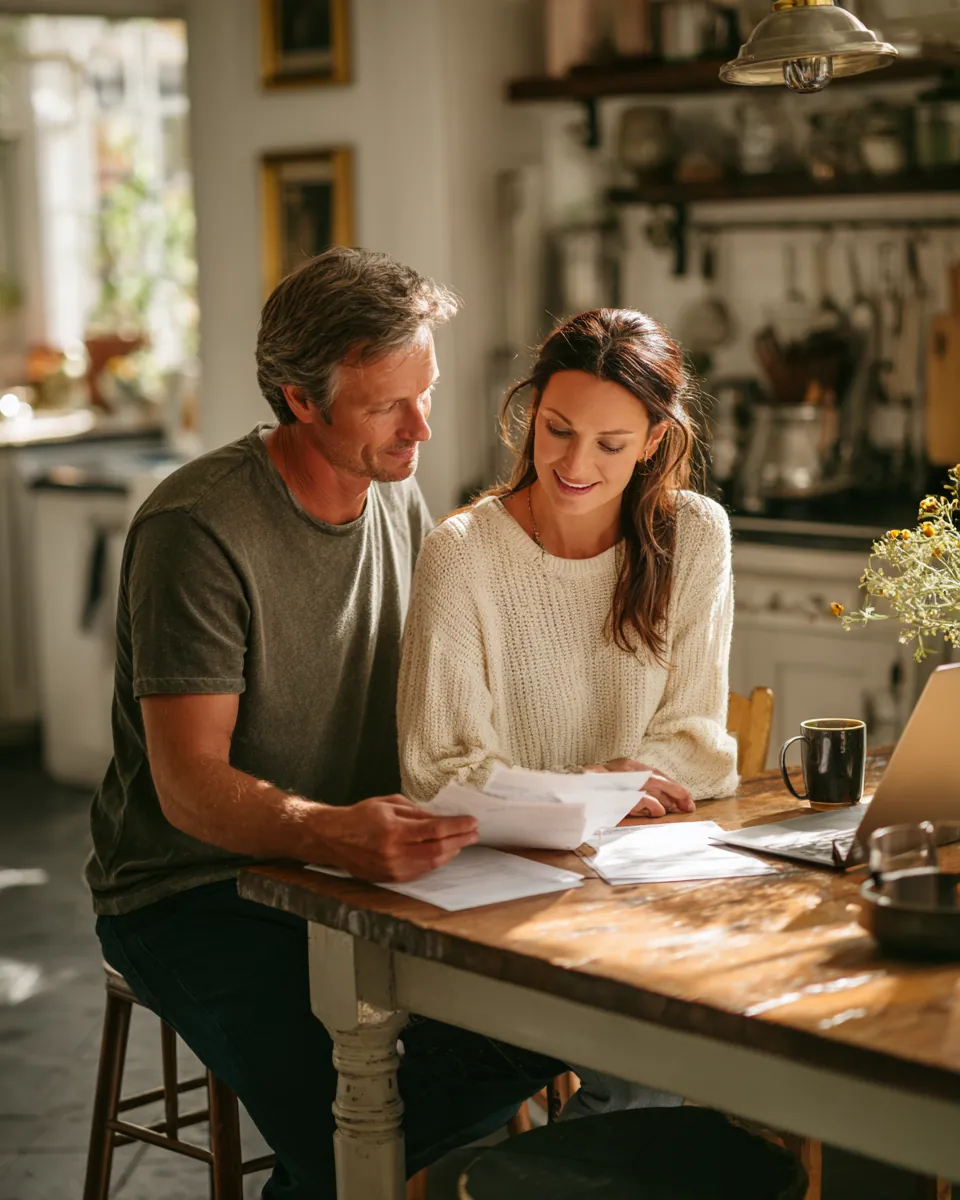 Couple in their 40s reviewing household bills at a bright kitchen table while comparing stax payments consolidation options