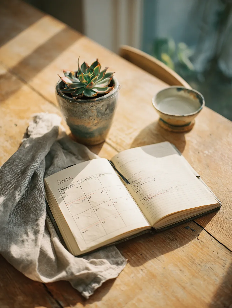 Flat lay of an open paper planner showing a monthly checklist with several items crossed off