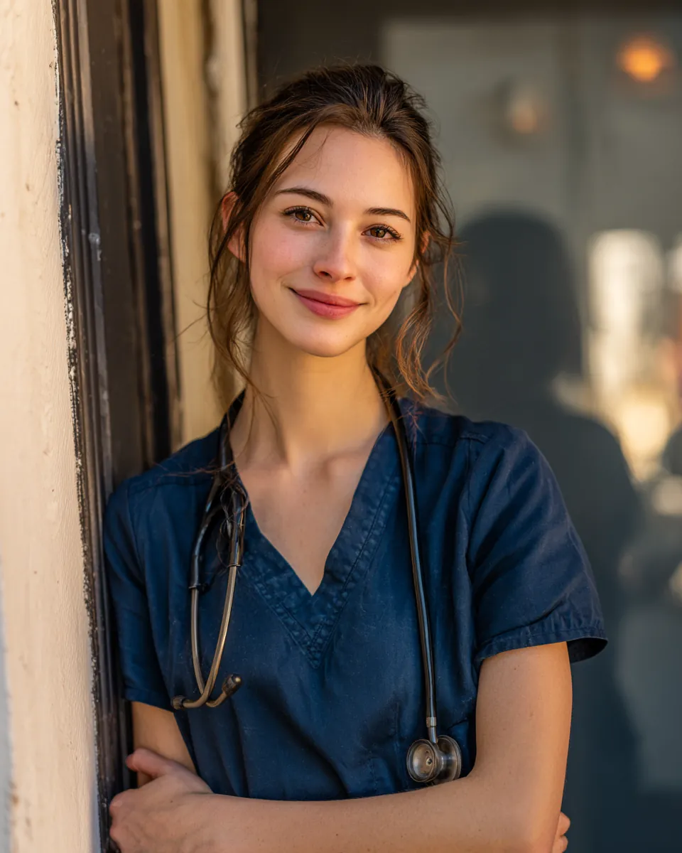 Young nurse in navy scrubs pausing at her apartment doorway after checking stax payments eligibility on her phone