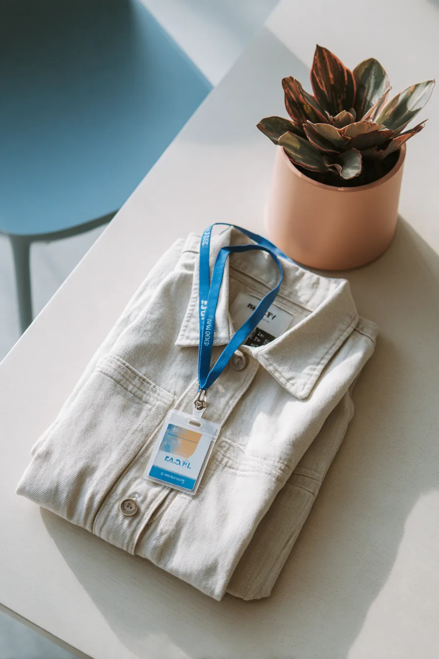 Flat lay of a work ID badge on a blue lanyard beside a neatly folded work jacket