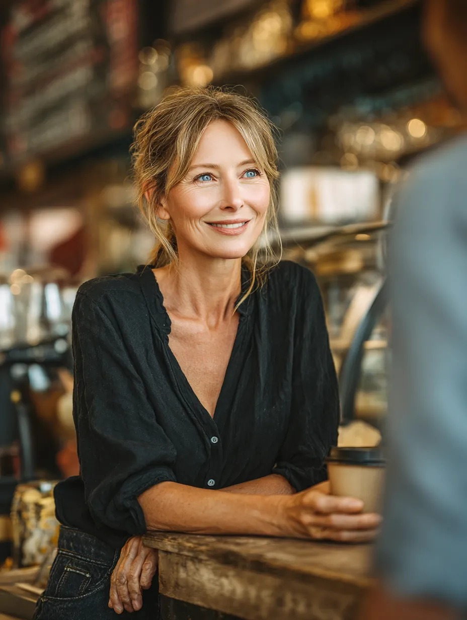Woman in her fifties leaning on a cafe counter to ask the barista a question