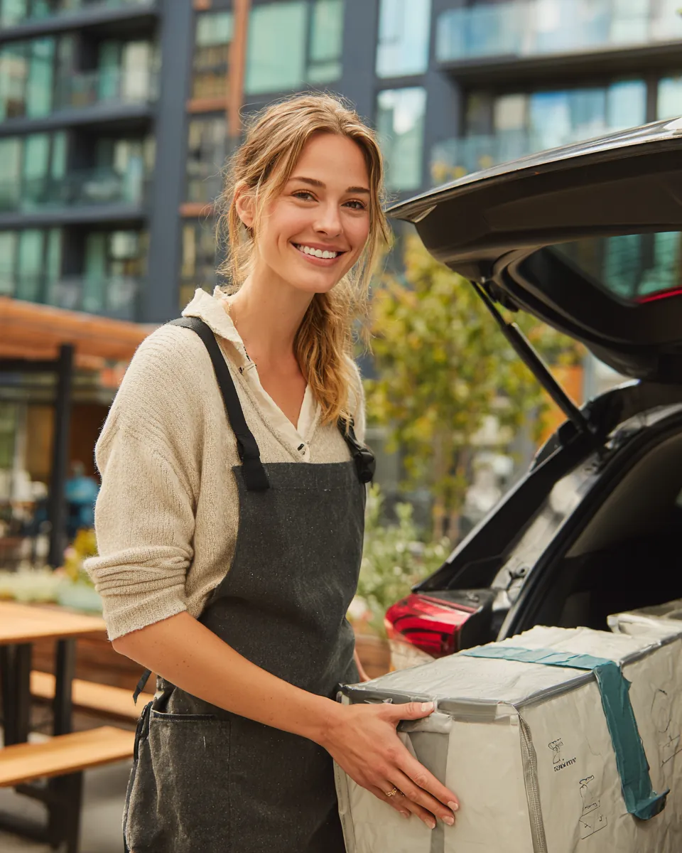 Delivery driver in her 30s loading insulated bags into a hatchback while waiting on stax payments loan funding