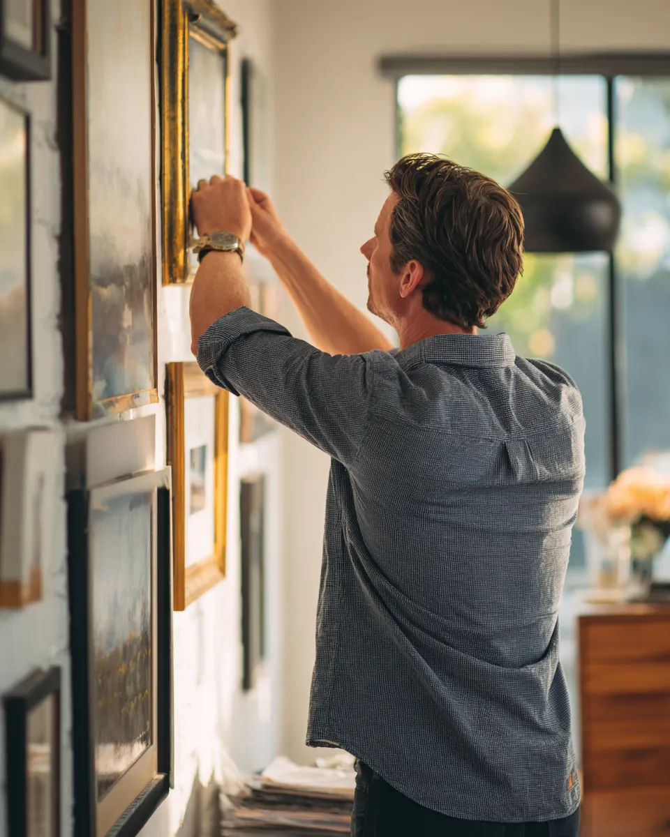 A man in his 40s hanging a framed picture on his living room wall