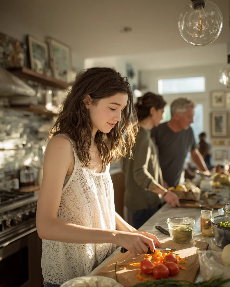Family cooking dinner together in a bright kitchen after following a stax payments plan to build an emergency fund