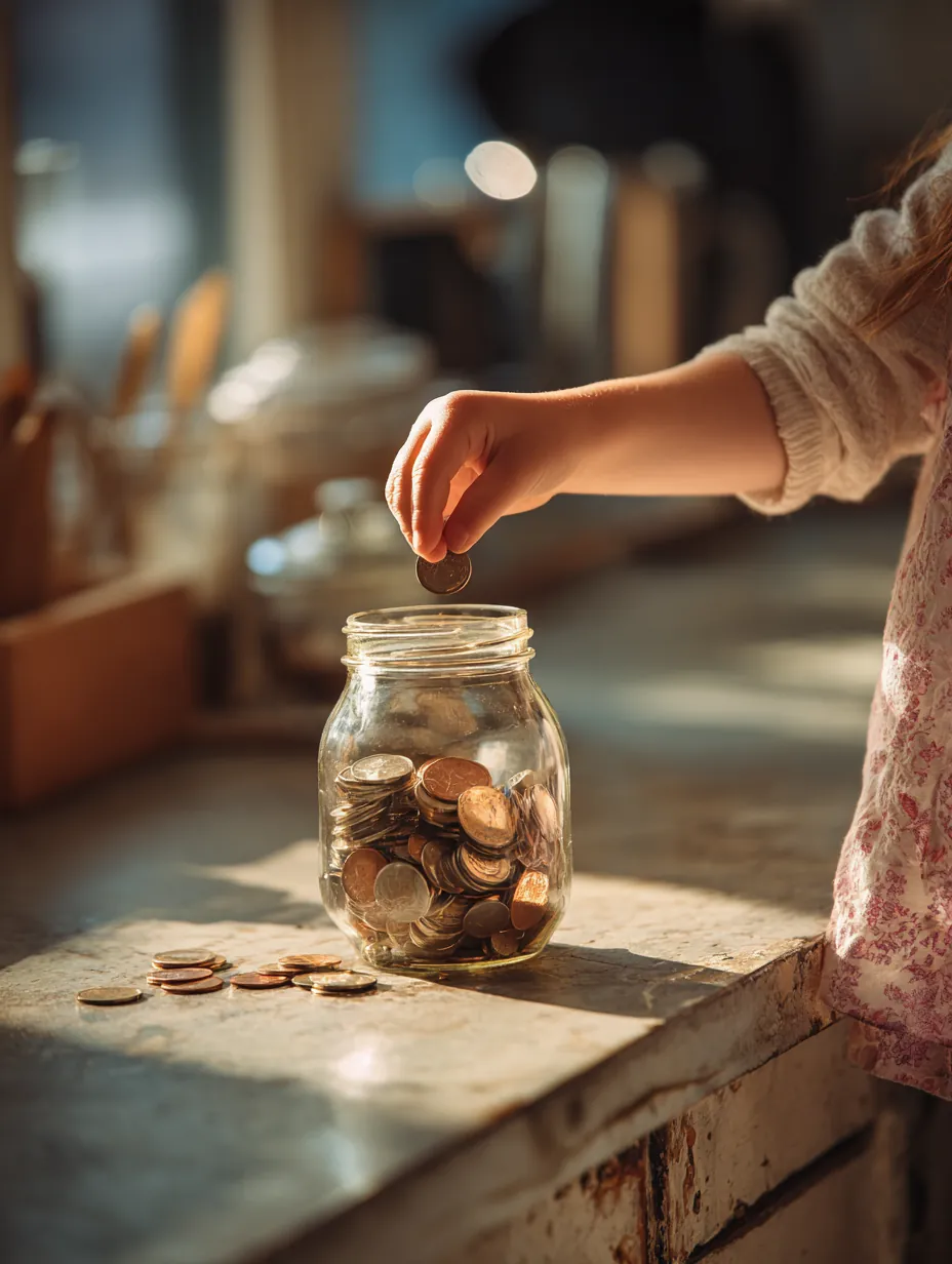 Child's hand dropping coins into a clear glass jar