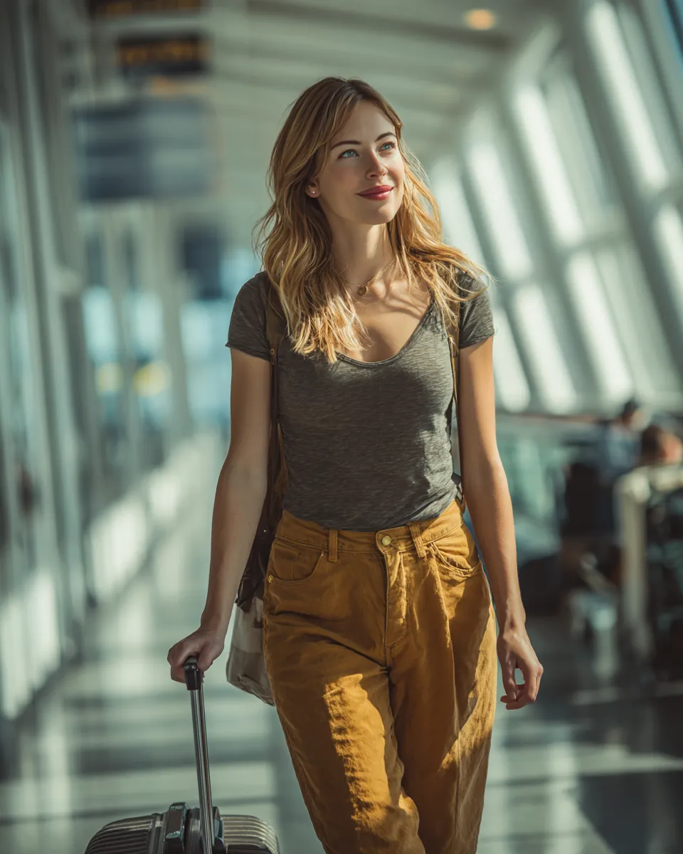 Woman in her 20s pulling a carry-on through a bright airport terminal, planning trips with a stax payments loan term