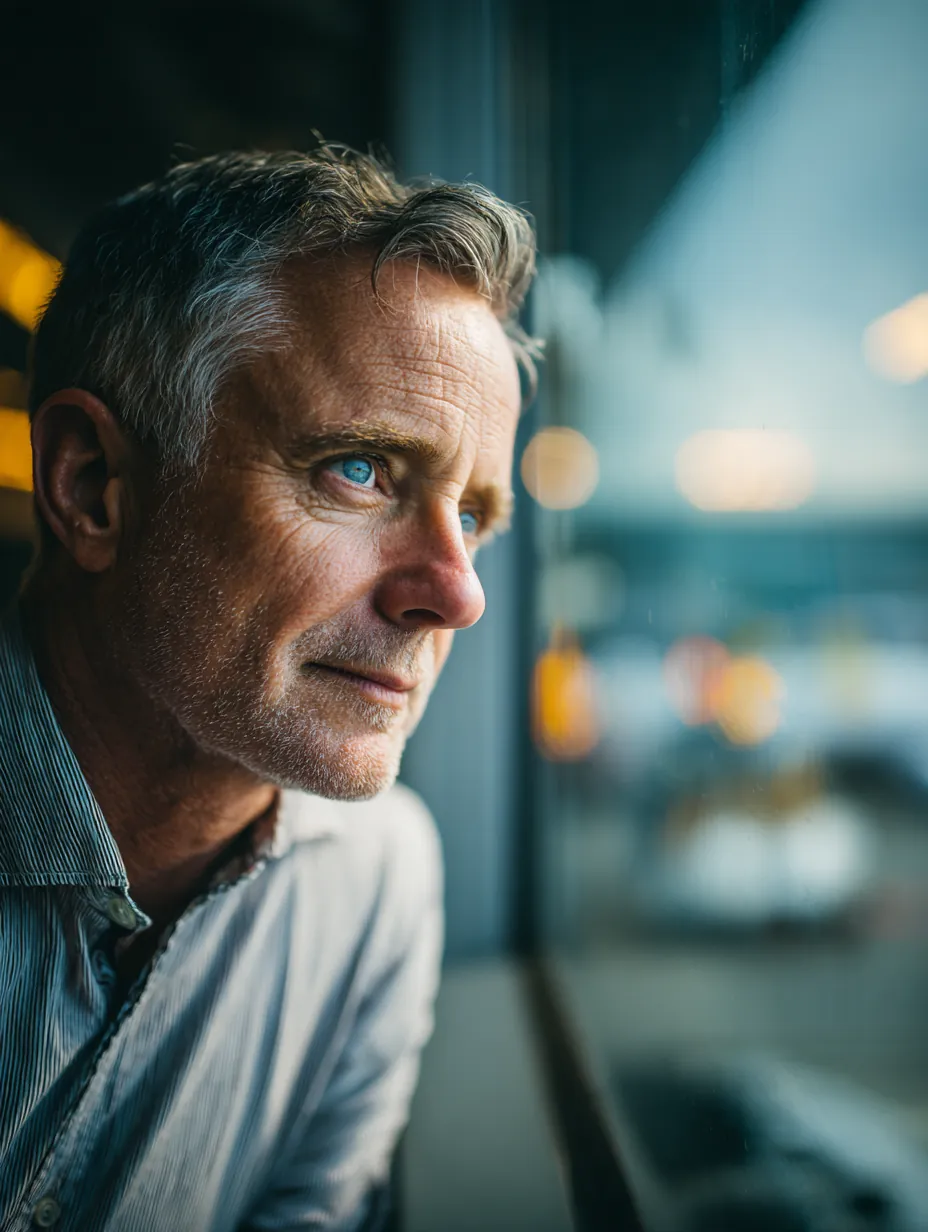 Man in his 50s gazing out an airport gate window at the runway