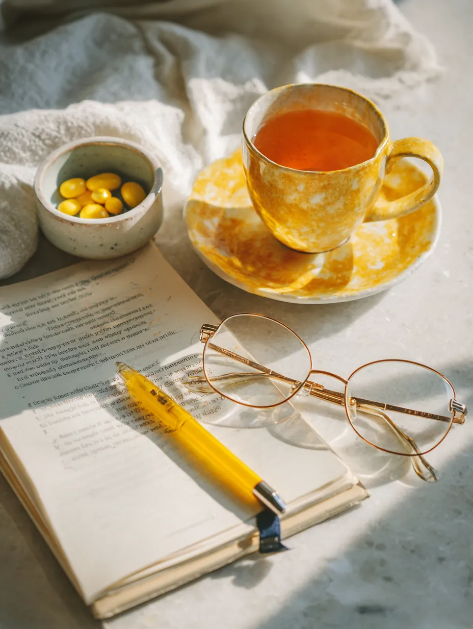 Flat lay of reading glasses, a yellow highlighter and a cup of tea on a table