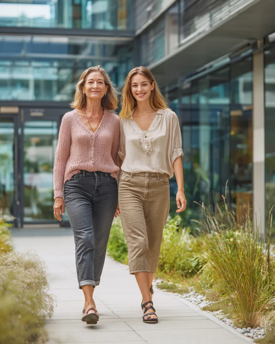 Mother in her sixties walking out of a modern clinic beside her adult daughter, both smiling after sorting out stax payments medical bill options