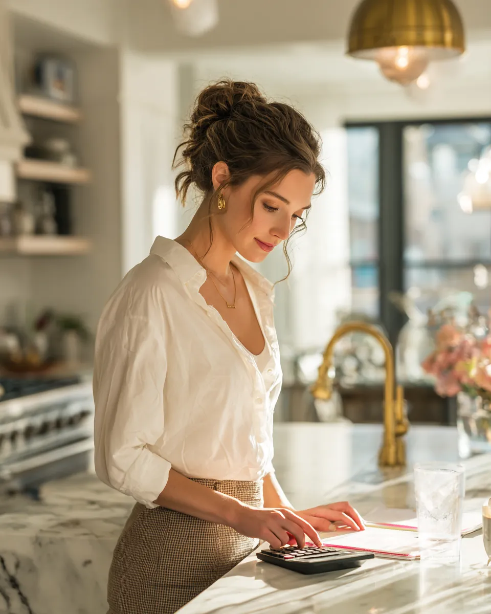 Woman in her thirties tapping figures into a calculator at a bright kitchen island to estimate stax payments loan costs