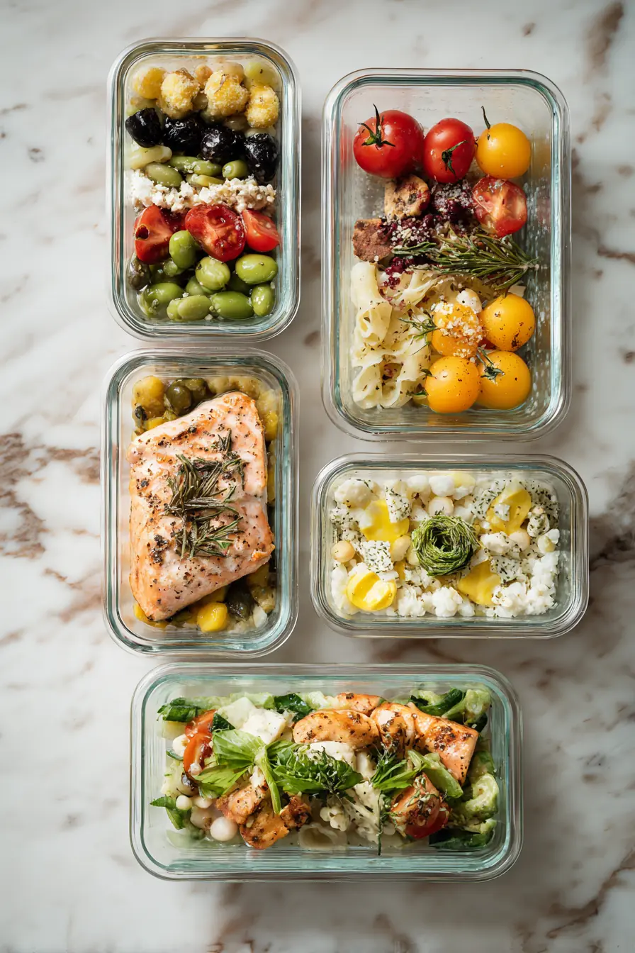 Flat lay of five glass meal-prep containers labeled Monday through Friday arranged in a neat row