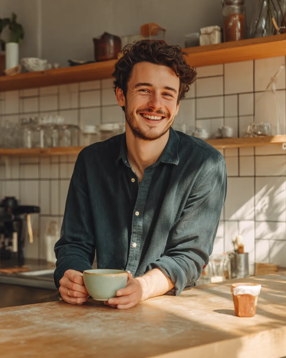 Young man laughing at a bright cafe counter holding a ceramic cup after comparing stax payments personal loans on his phone