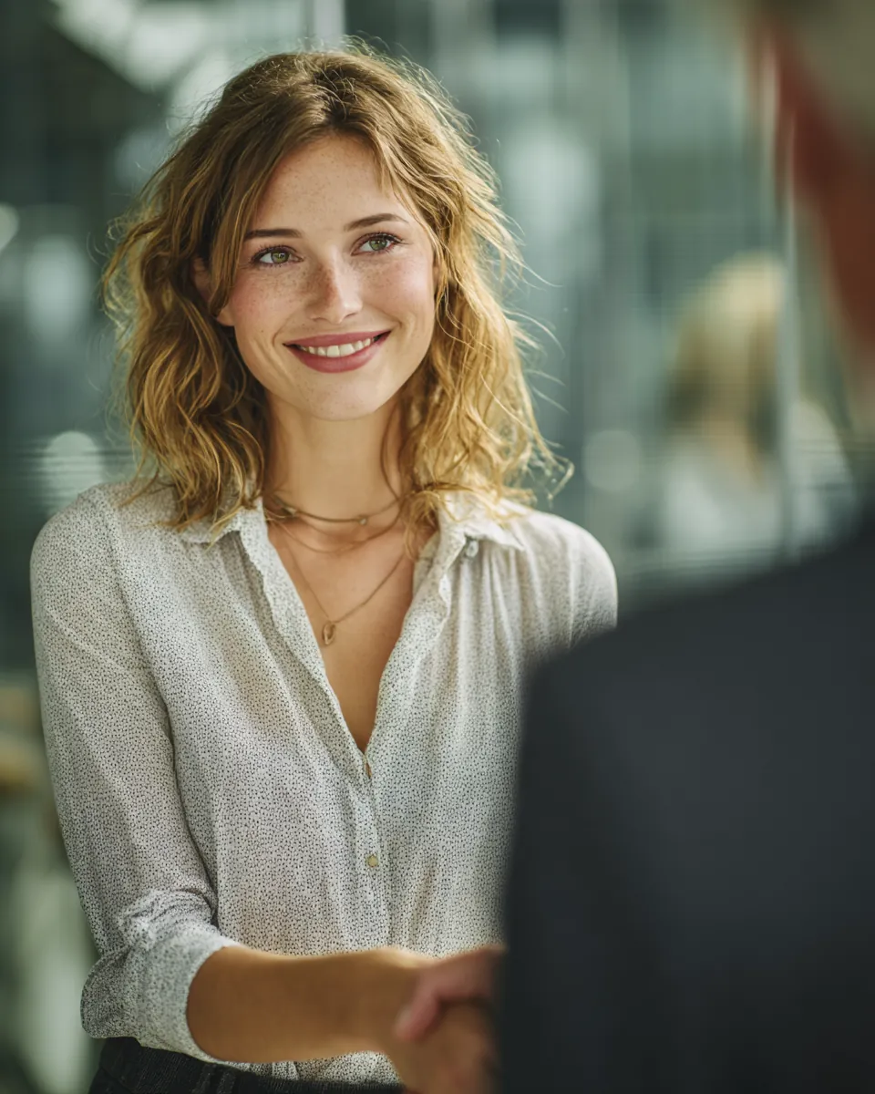 Financial counselor in her 40s greeting a visitor in a bright glass-walled office to discuss stax payments loan rates