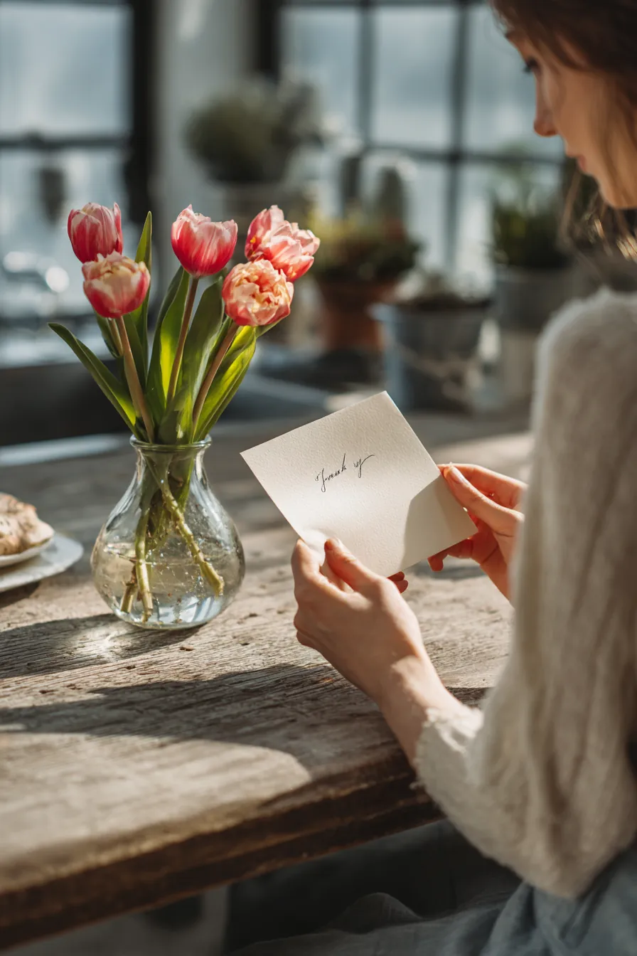 Hands holding a handwritten thank-you card beside a vase of fresh tulips