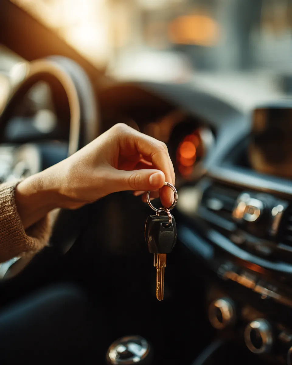 Hand turning a car key in the ignition of a modern car, illustrating vehicle collateral in a stax payments loan comparison