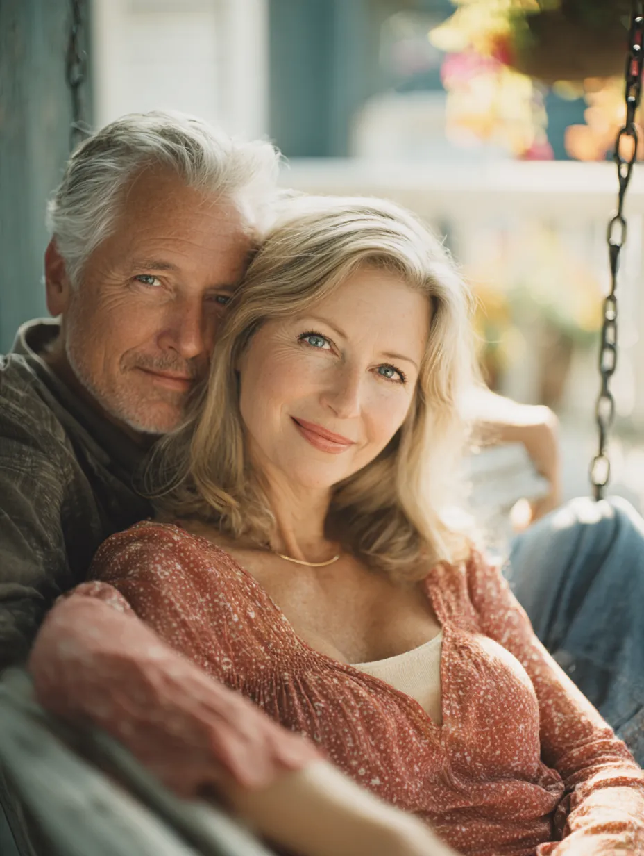 Couple in their 60s relaxing together on a wooden porch swing