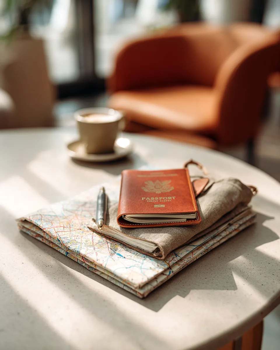 Flat lay of a folded paper city map, a travel journal and a travel wallet on a light table